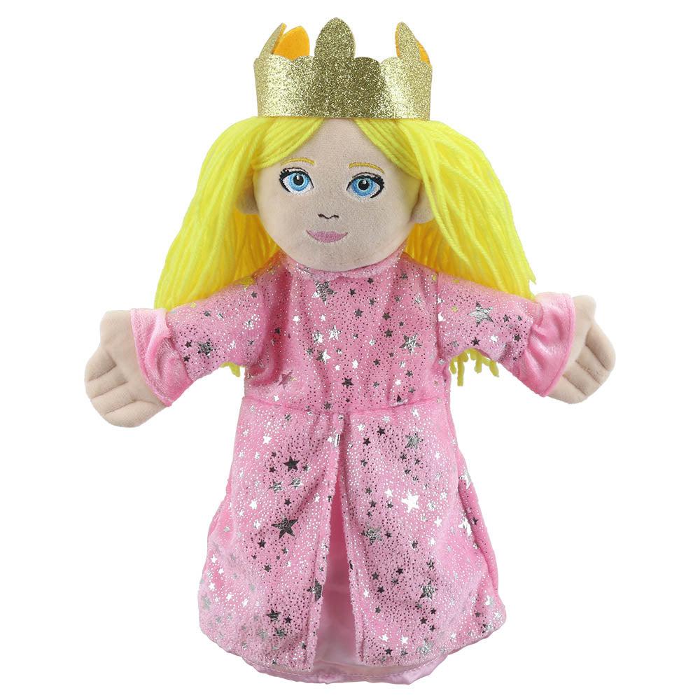 Princess story telling hand puppet with golden crown & sparkly pink robes – The Puppet Company PC001910 fairytale puppet for kids