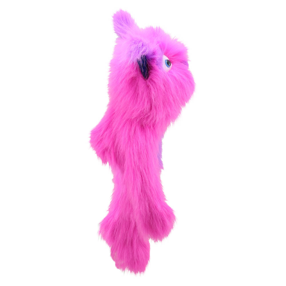 Pink Monster hand puppet alternate view – hairy pink puppet with padded paws for imaginative roleplay and storytime