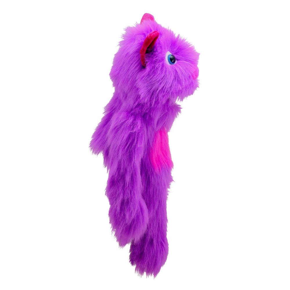 Purple Monster hand puppet alternate view – hairy purple puppet with padded paws for imaginative roleplay and storytime