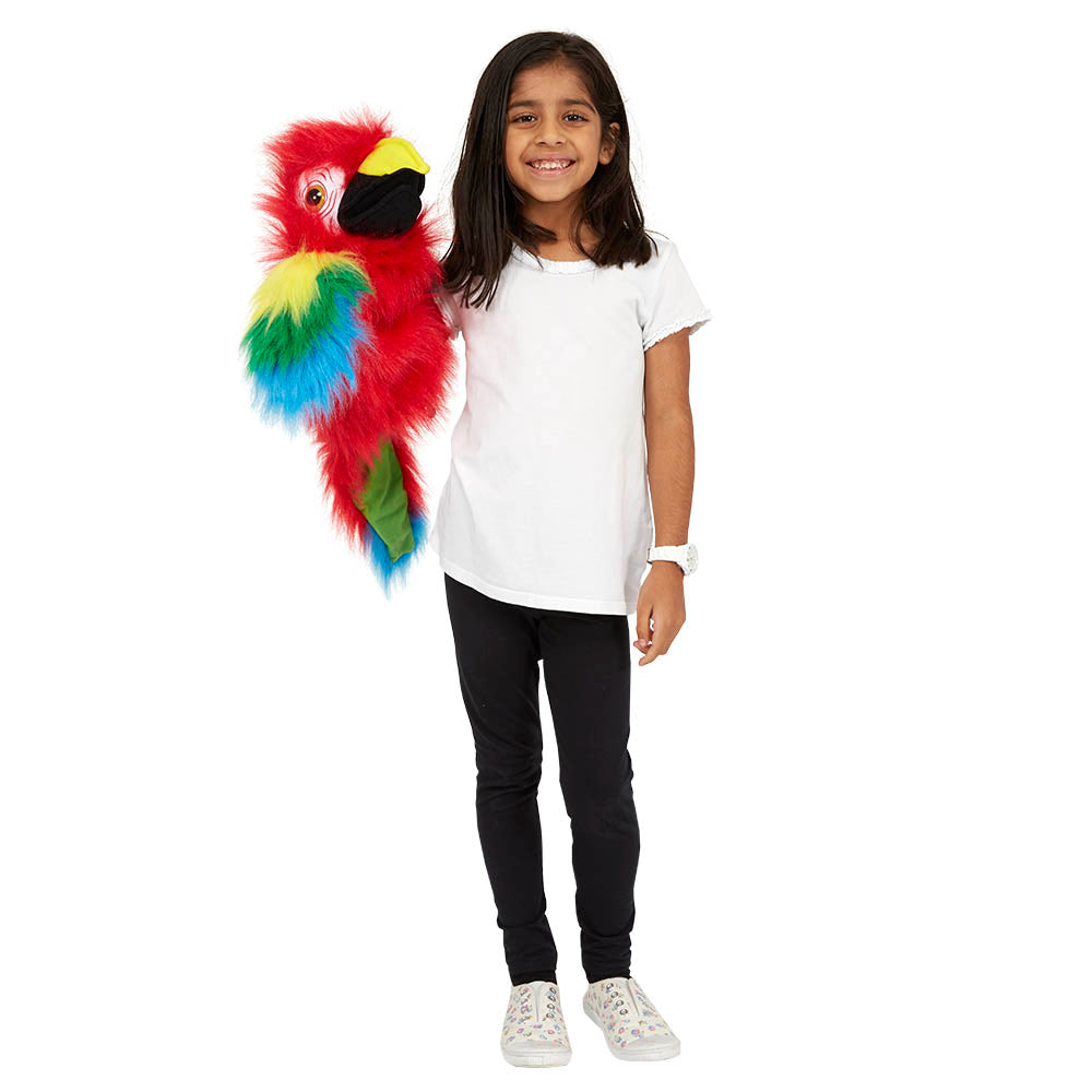 Close-up of the Amazon Macaw puppet showing detailed feather pattern and beak