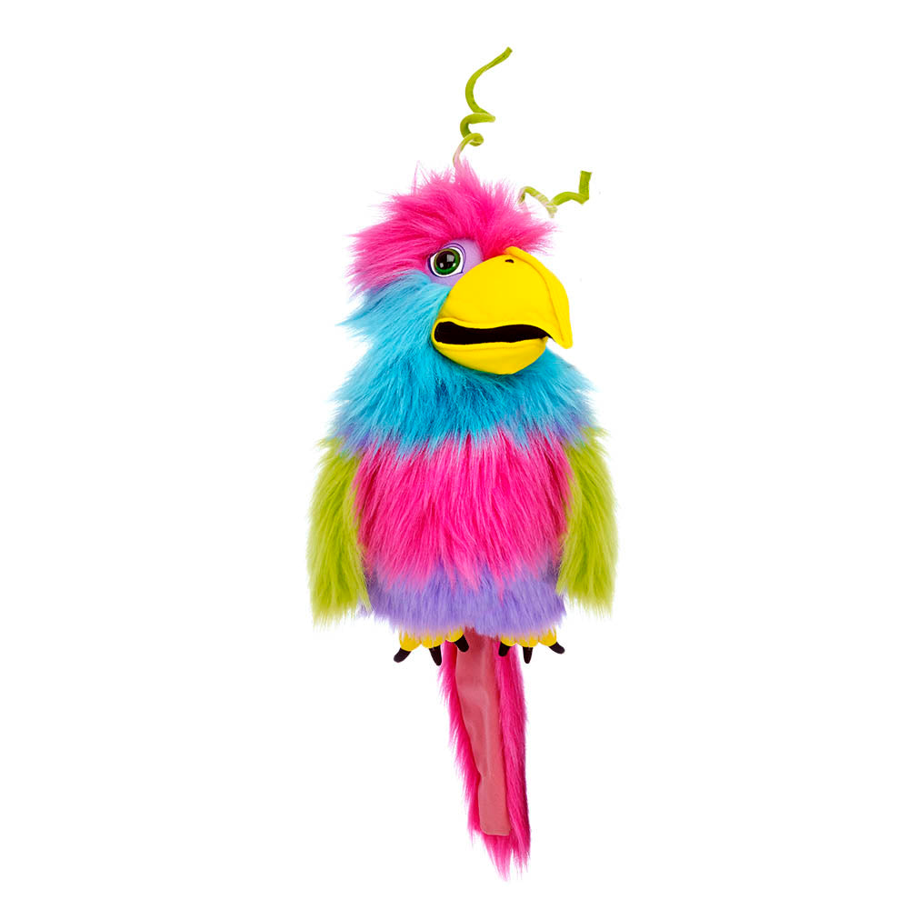 Close-up of the Bird of Paradise puppet's expressive eyes and plumes