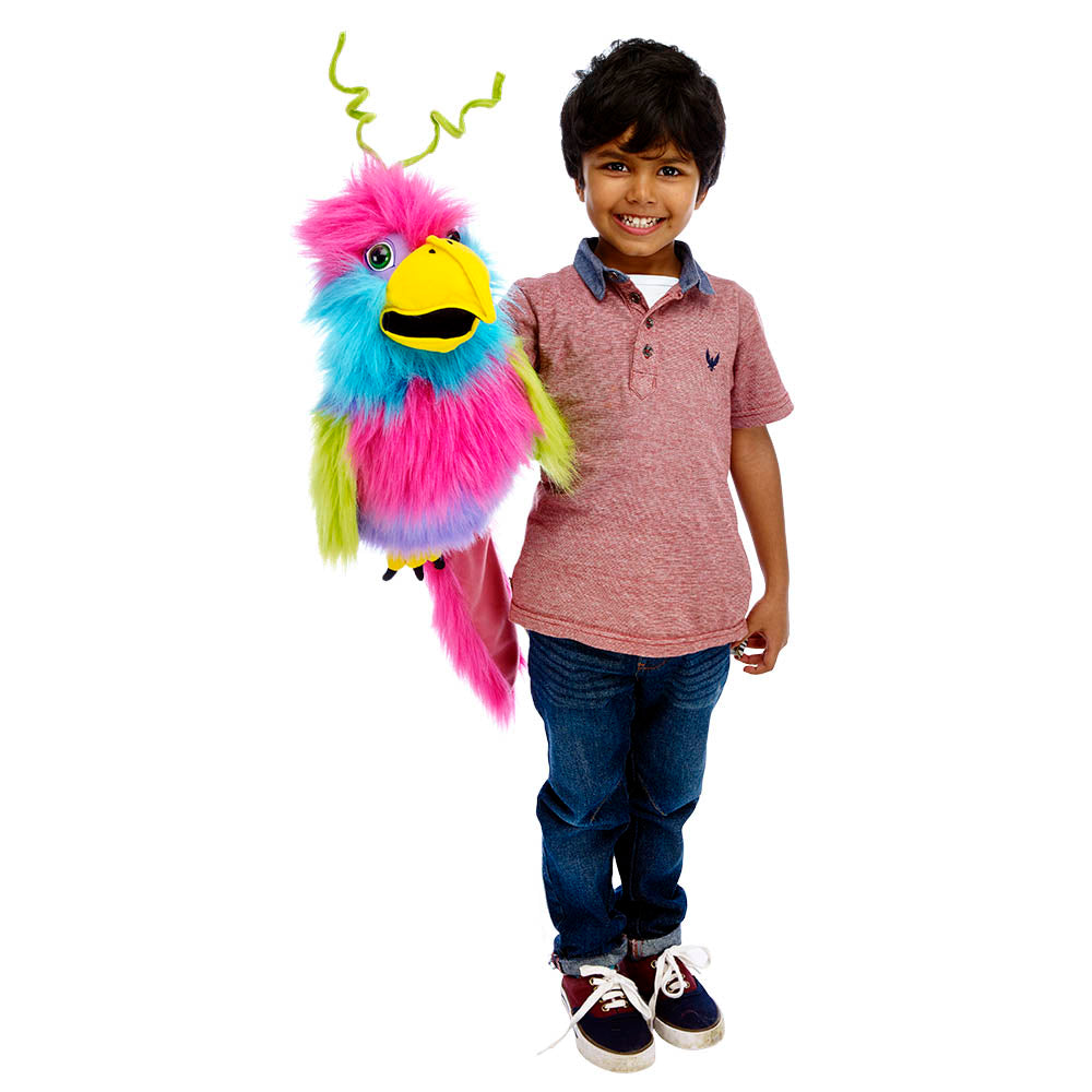 Side view of the Bird of Paradise puppet showing full plumage detail