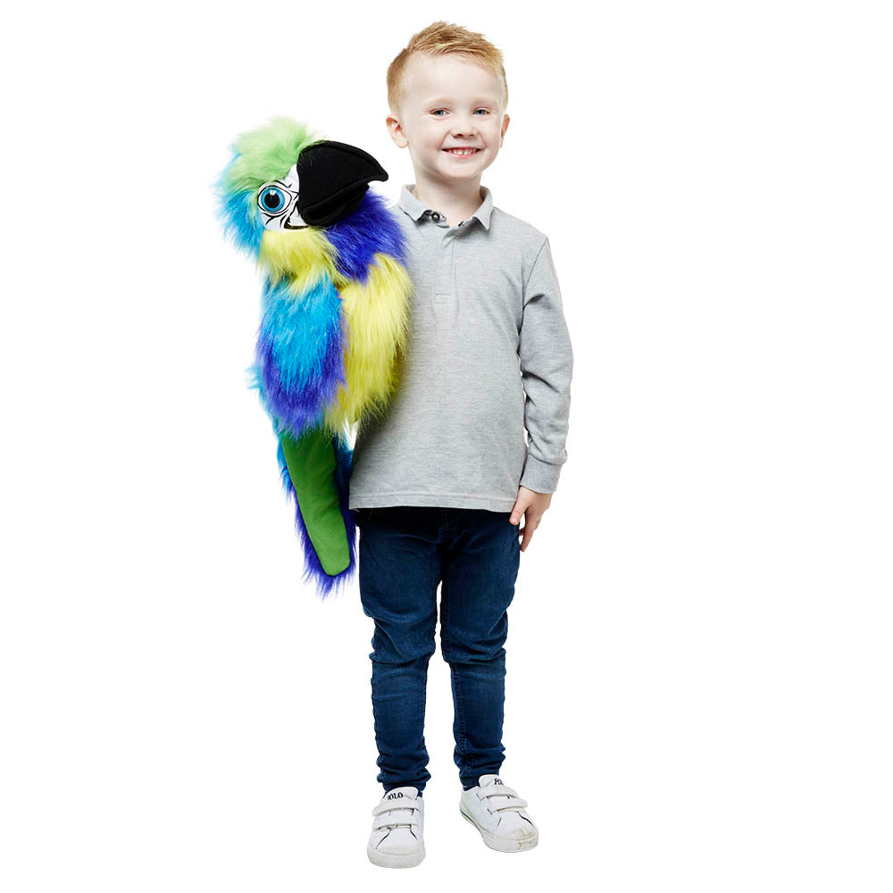 Close-up of the Blue and Gold Macaw puppet's squawking mouth and feather detail