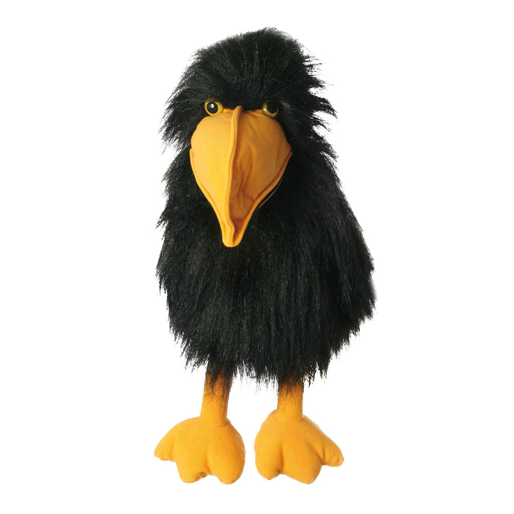 Crow hand puppet by The Puppet Company with glossy black plumage and open beak