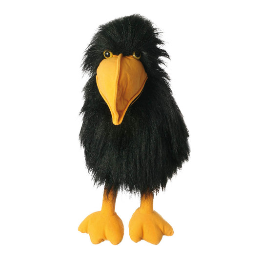 Crow hand puppet by The Puppet Company with glossy black plumage and open beak