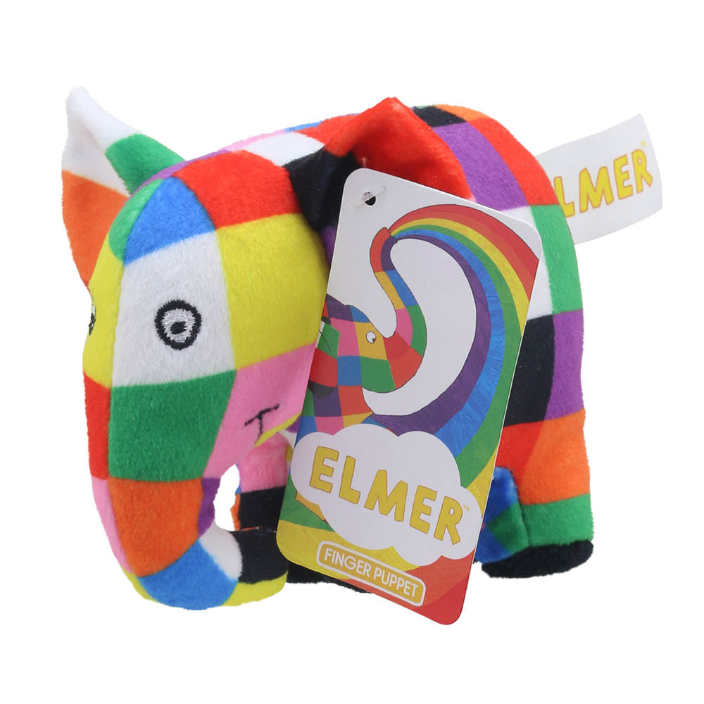 Elmer finger puppet with product tag – The Puppet Company PC905003 patchwork elephant puppet for kids