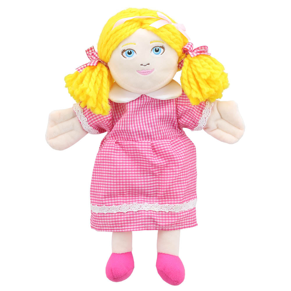 Goldilocks story telling hand puppet with golden hair, pink outfit & bow – The Puppet Company PC001917 classic fairytale puppet for kids