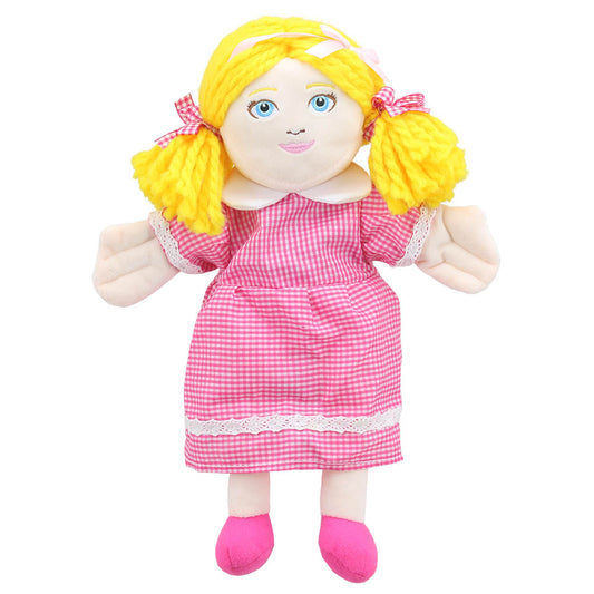 Goldilocks story telling hand puppet with golden hair, pink outfit & bow – The Puppet Company PC001917 classic fairytale puppet for kids