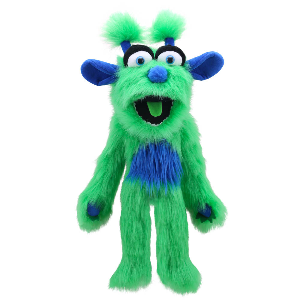 Green Monster hand puppet by The Puppet Company – bright green fur, blue detailing and big characteristic ears for kids' creative play