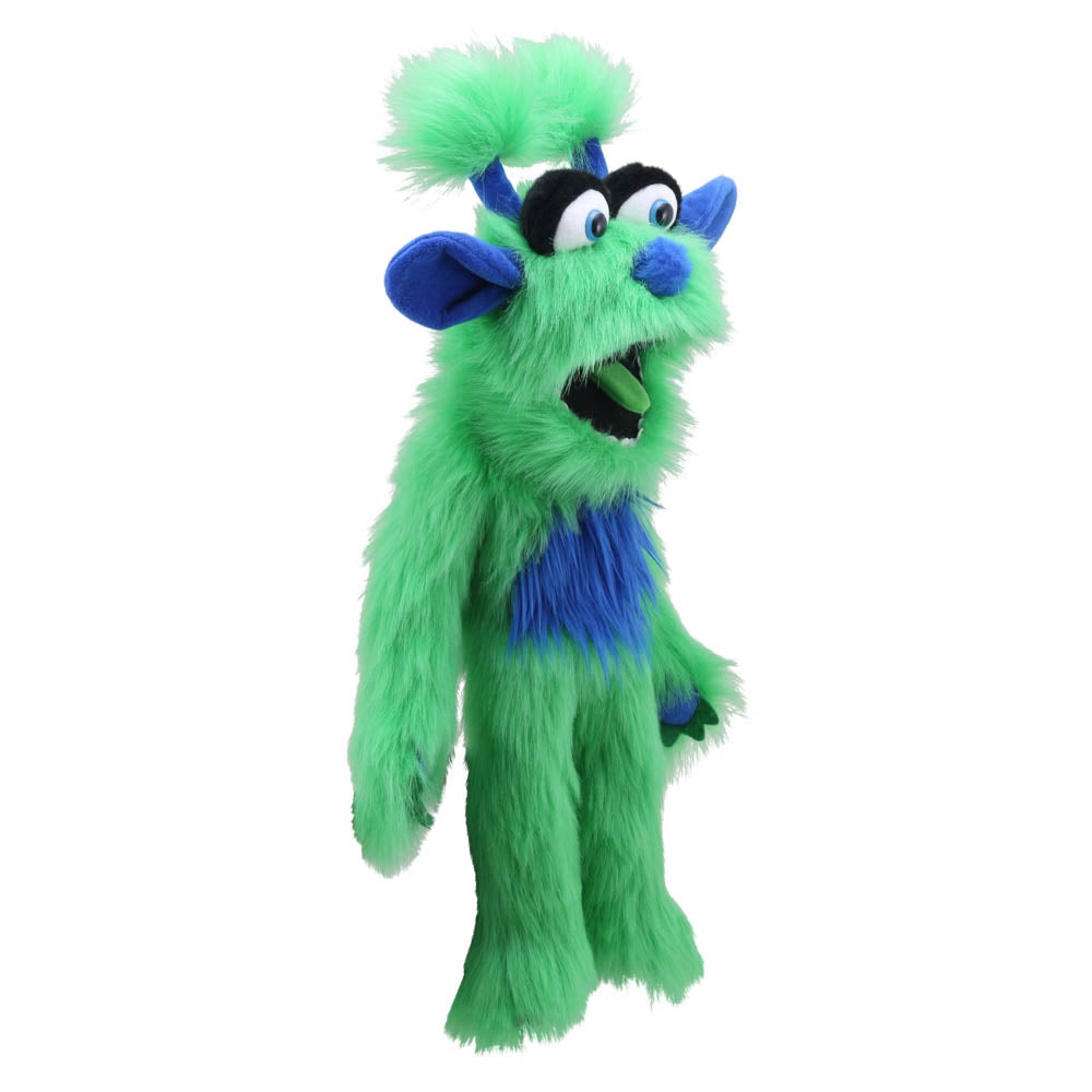 Green Monster hand puppet side view – The Puppet Company PC007711 large movable mouth puppet for kids' roleplay and storytelling