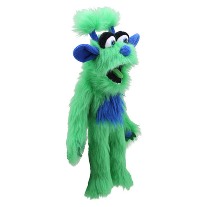 Green Monster hand puppet side view – The Puppet Company PC007711 large movable mouth puppet for kids' roleplay and storytelling