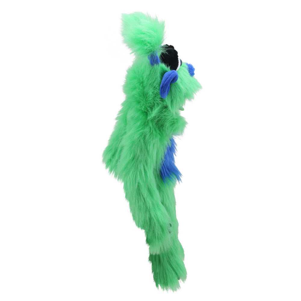 Green Monster hand puppet alternate view – hairy green puppet with padded paws for imaginative roleplay and storytime