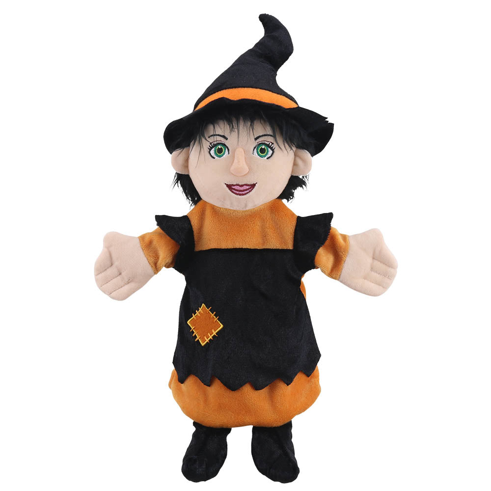 Witch story telling hand puppet with signature hat & bold orange and black outfit – The Puppet Company PC001912 Halloween puppet for kids