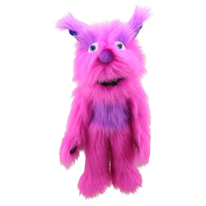Pink Monster hand puppet by The Puppet Company – bright pink & purple colouring, large ears and working movable mouth for kids' play