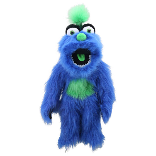 Blue Monster hand puppet by The Puppet Company – big, bright & semi-scary with blue fur and green detailing for kids' creative play