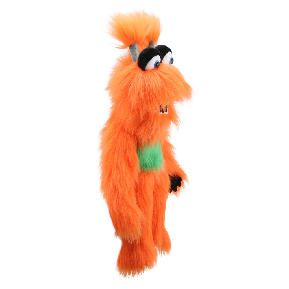 Orange Monster hand puppet side view – The Puppet Company PC007703 large eyes and workable mouth puppet for kids' roleplay
