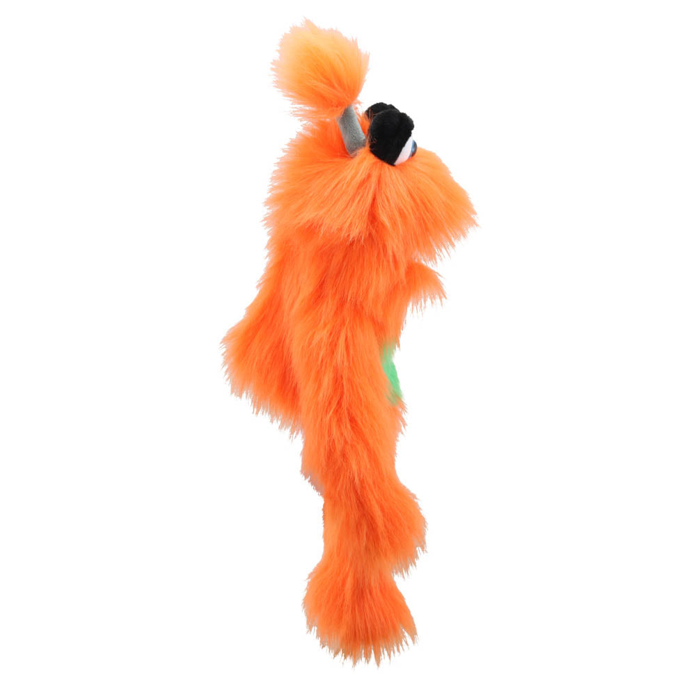 Orange Monster hand puppet alternate view – hairy orange puppet with green tummy detailing for imaginative play and storytime