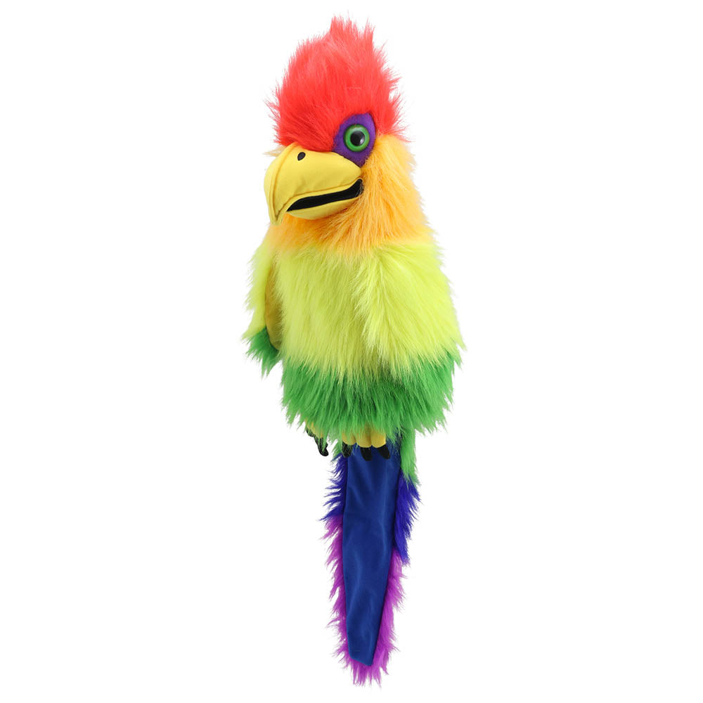 Close-up of Rainbow Bird puppet's open squawking mouth and beak detail