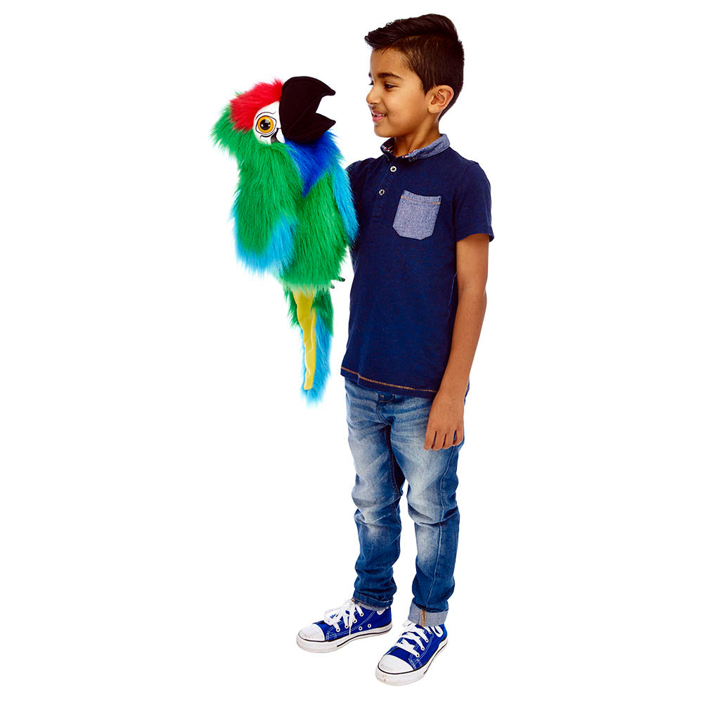 Side view of the Military Macaw puppet showing tail detail and working mouth
