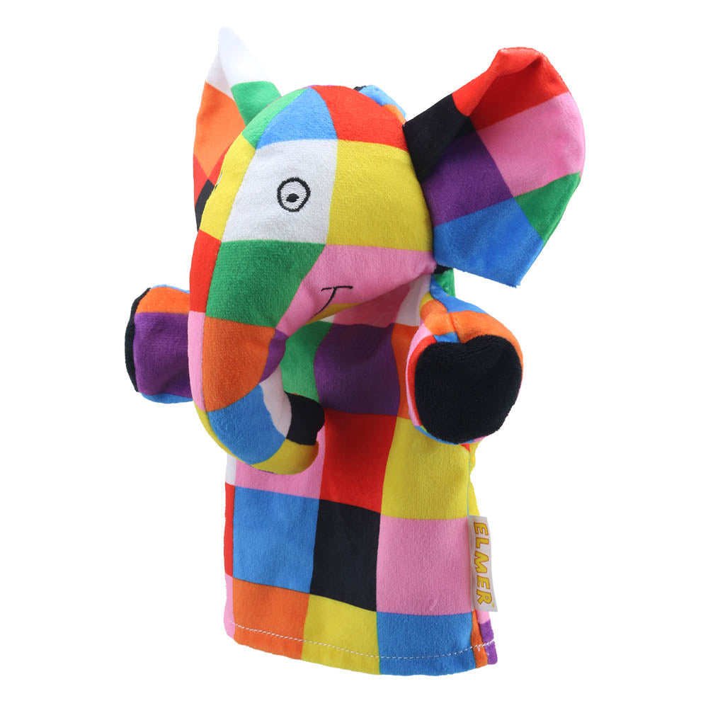 My First Elmer hand puppet front view – soft patchwork elephant puppet for early learning and play