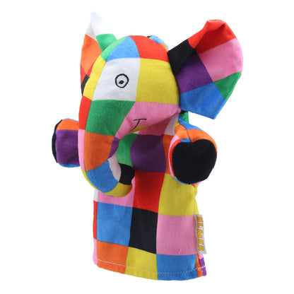 My First Elmer hand puppet front view – soft patchwork elephant puppet for early learning and play