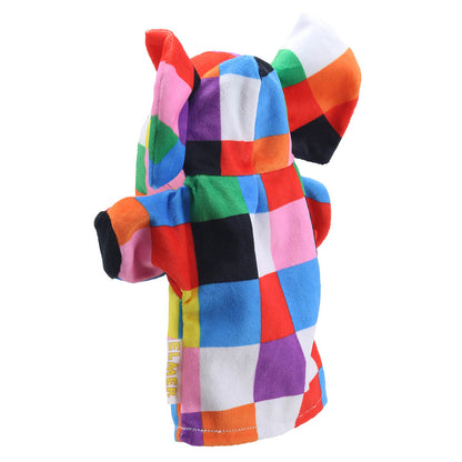 My First Elmer puppet side view – cuddly elephant hand puppet for early language development