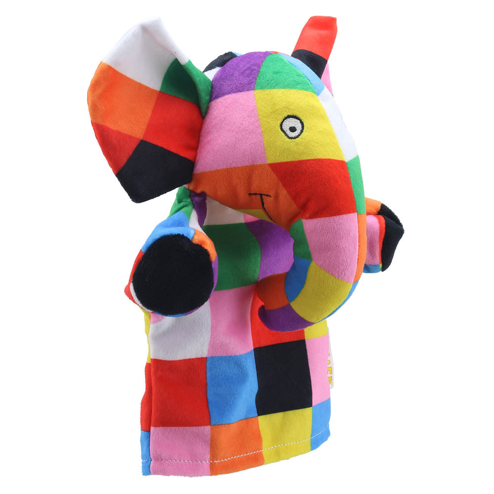 My First Elmer Puppet alternate view – soft Patchwork Elephant hand puppet for families and educators