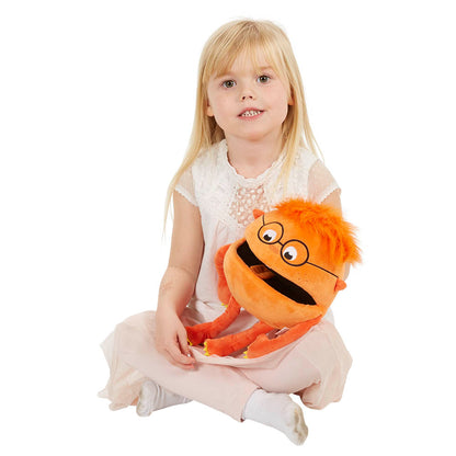 Baby Orange Monster hand puppet alternate view – fun and colorful puppet for families and educators