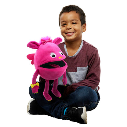 Pink Baby Monster hand puppet detail – soft and colorful puppet for kids' play and classroom use