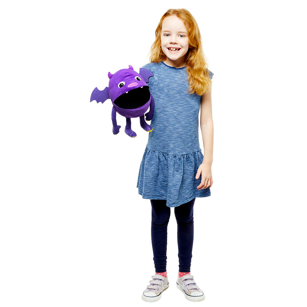 Baby Purple Monster hand puppet side view – winged creature puppet by The Puppet Company for creative play