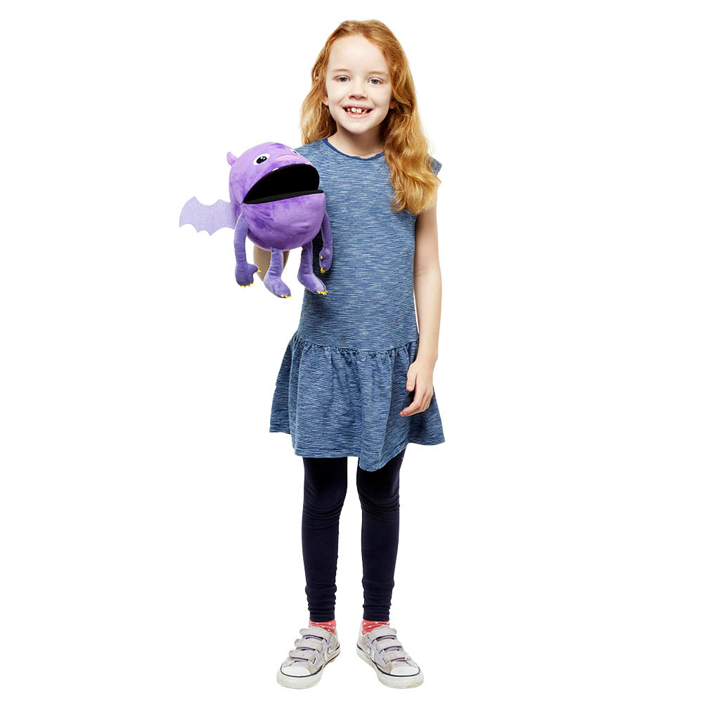 Purple Baby Monster hand puppet detail – striking purple fur and fangs for spooky-fun kids' storytelling