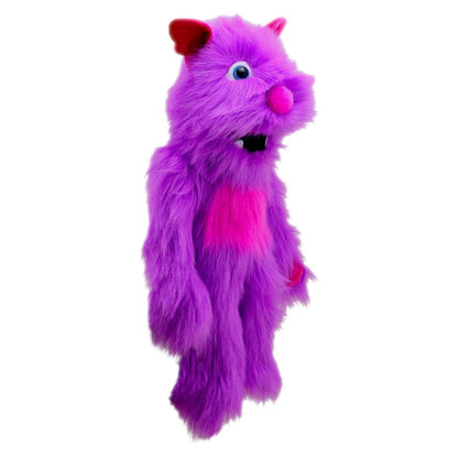 Purple Monster hand puppet side view – The Puppet Company PC007712 large friendly face puppet for kids' creative play