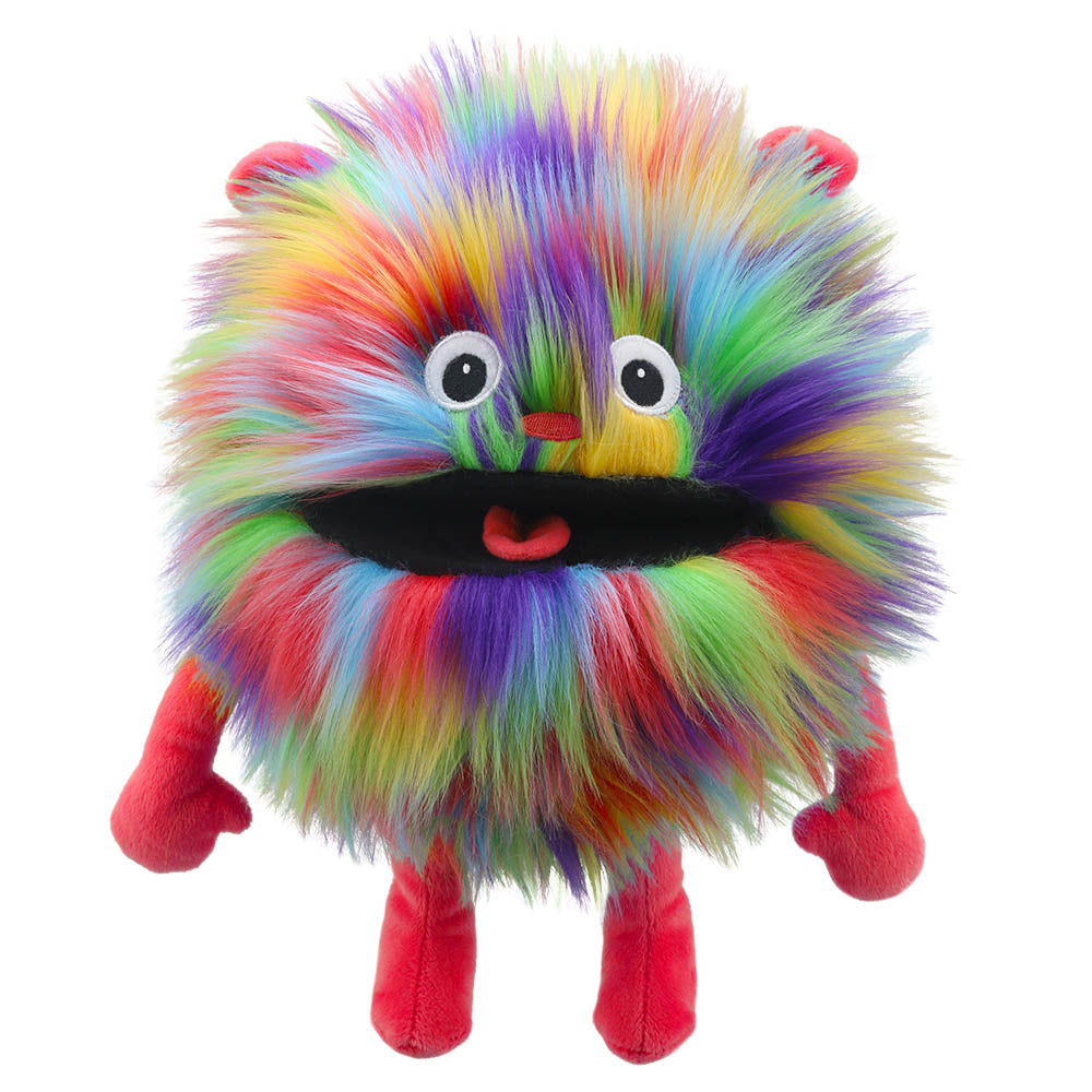 Rainbow Baby Monster hand puppet by The Puppet Company – burst of colorful fur for kids' creative play and storytelling