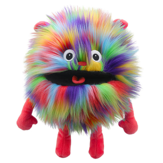 Rainbow Baby Monster hand puppet by The Puppet Company – burst of colorful fur for kids' creative play and storytelling