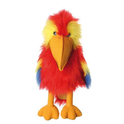 Scarlet Macaw hand puppet by The Puppet Company in vivid red, blue and yellow plumage