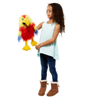 Side view of the Scarlet Macaw puppet showing long tail feathers and working mouth