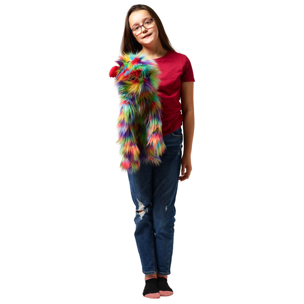 Rainbow Monster hand puppet lifestyle shot – The Puppet Company PC007710 colourful movable mouth puppet for imaginative play
