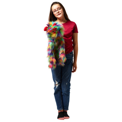 Rainbow Monster hand puppet lifestyle shot – The Puppet Company PC007710 colourful movable mouth puppet for imaginative play