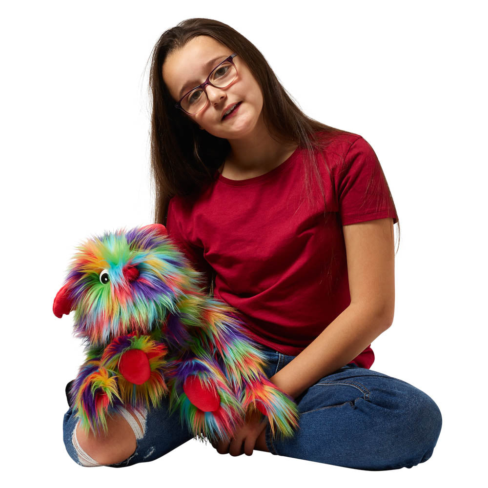 Rainbow Monster hand puppet alternate lifestyle view – beloved rainbow puppet for kids' imaginative play and classroom use
